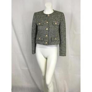 [323] Jacket Womens S Gray Tweed Collarless Cropped Gold Button Pockets Lined